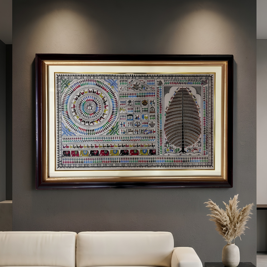 Saura Tree of Life Tribal Art on Tussar Silk – Handcrafted Odisha Painting | Size: 26x38 Inch