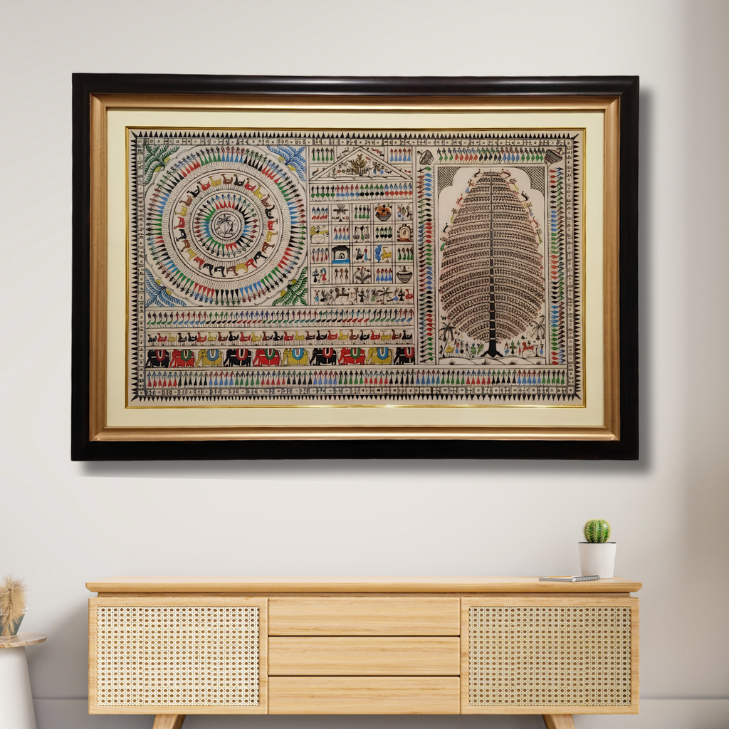 Saura Tree of Life Tribal Art on Tussar Silk – Handcrafted Odisha Painting | Size: 26x38 Inch