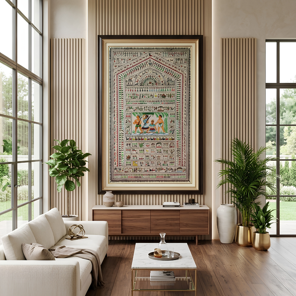 Saura Tribal Art on Tussar Silk – Handcrafted Odisha Painting | Size: 38x26 Inch