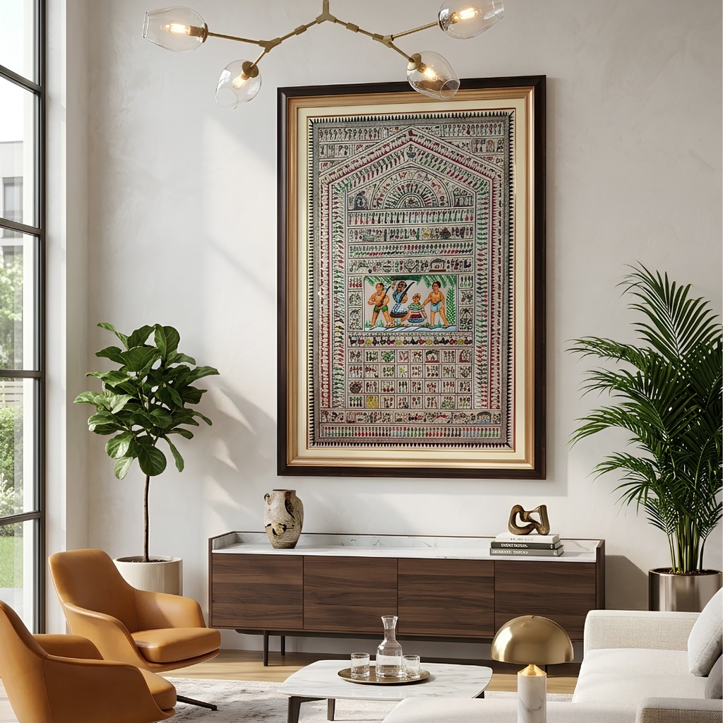 Saura Tribal Art on Tussar Silk – Handcrafted Odisha Painting | Size: 38x26 Inch