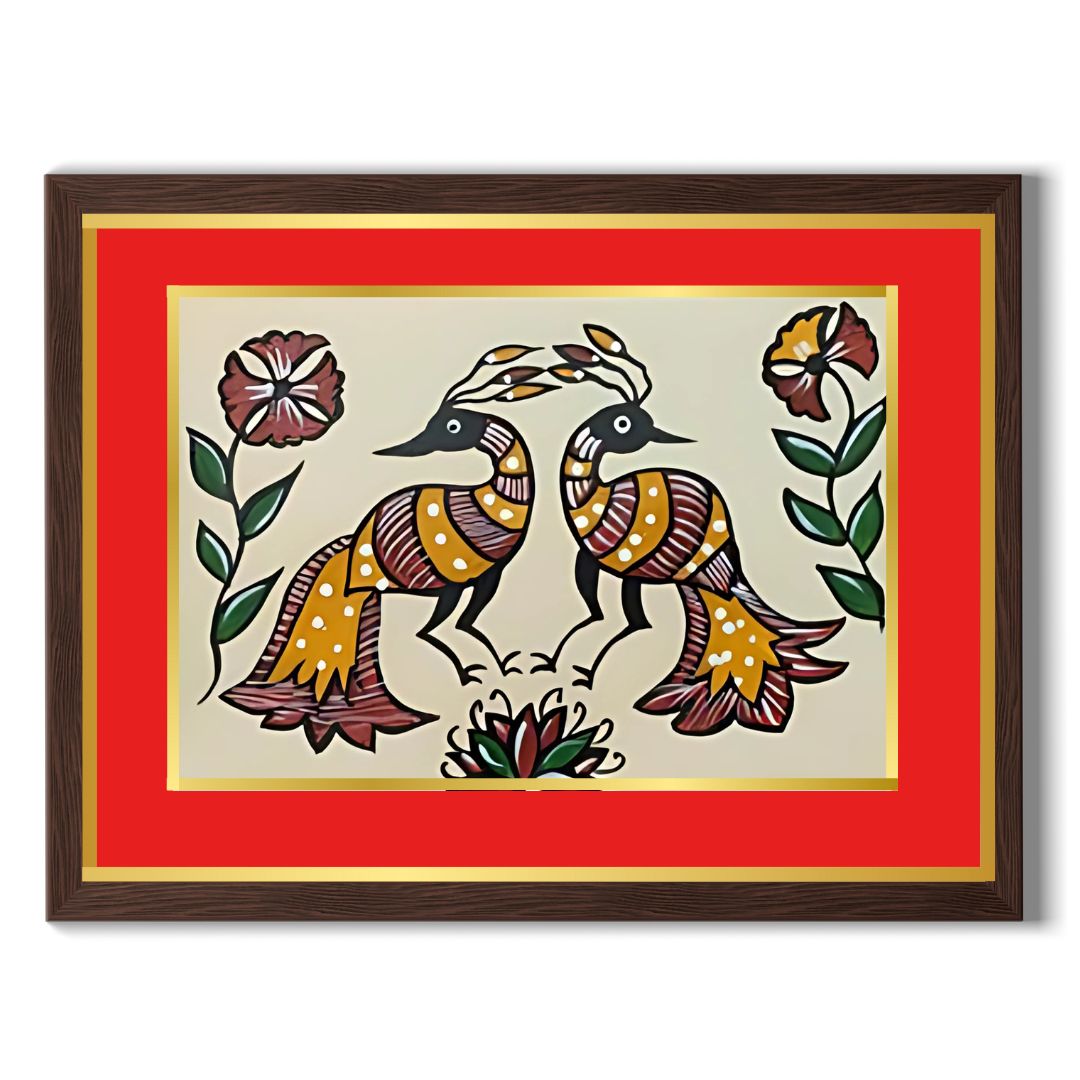 Handmade Sohrai Painting: The Peacocks (Size: 12x18 Inches)