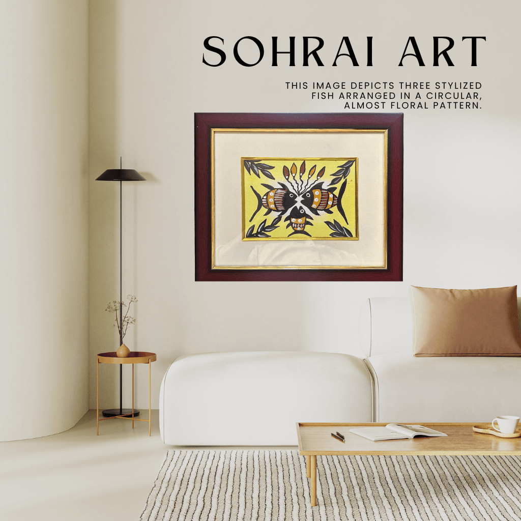 Handmade Sohrai Painting: The Fish Family (Size: 12x10 Inches)