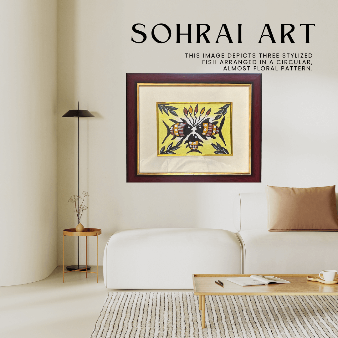 Handmade Sohrai Painting: The Fish Family (8x10 Inches)