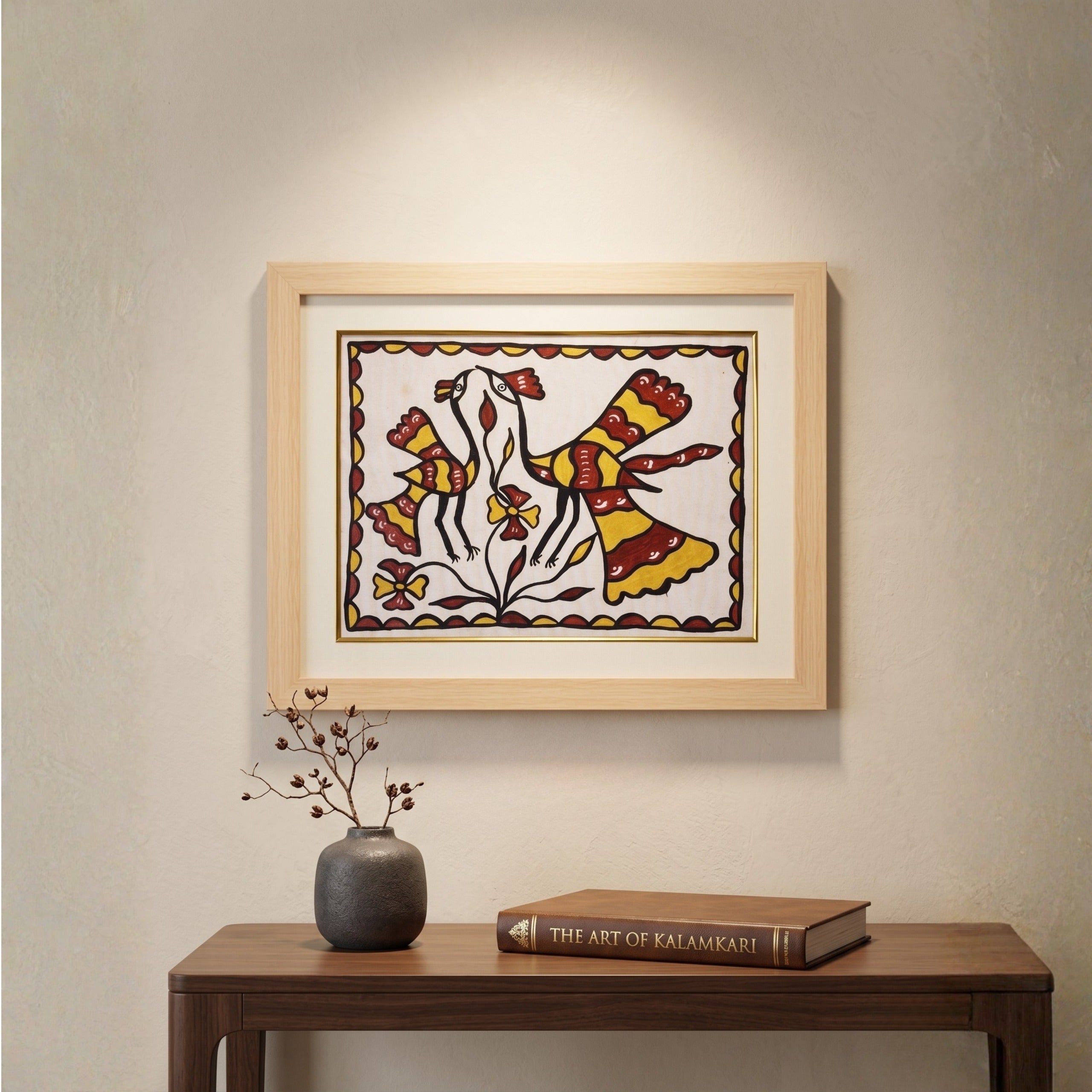 Handmade Sohrai Painting: Two Birds On The Tree (Size: 15x19 Inches)