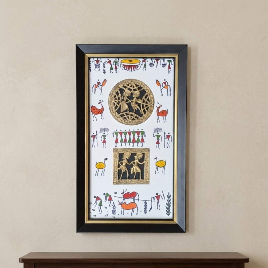 Golden Tribal Harmony - Dokra Craft Frame (Size: 9x15 Inch)