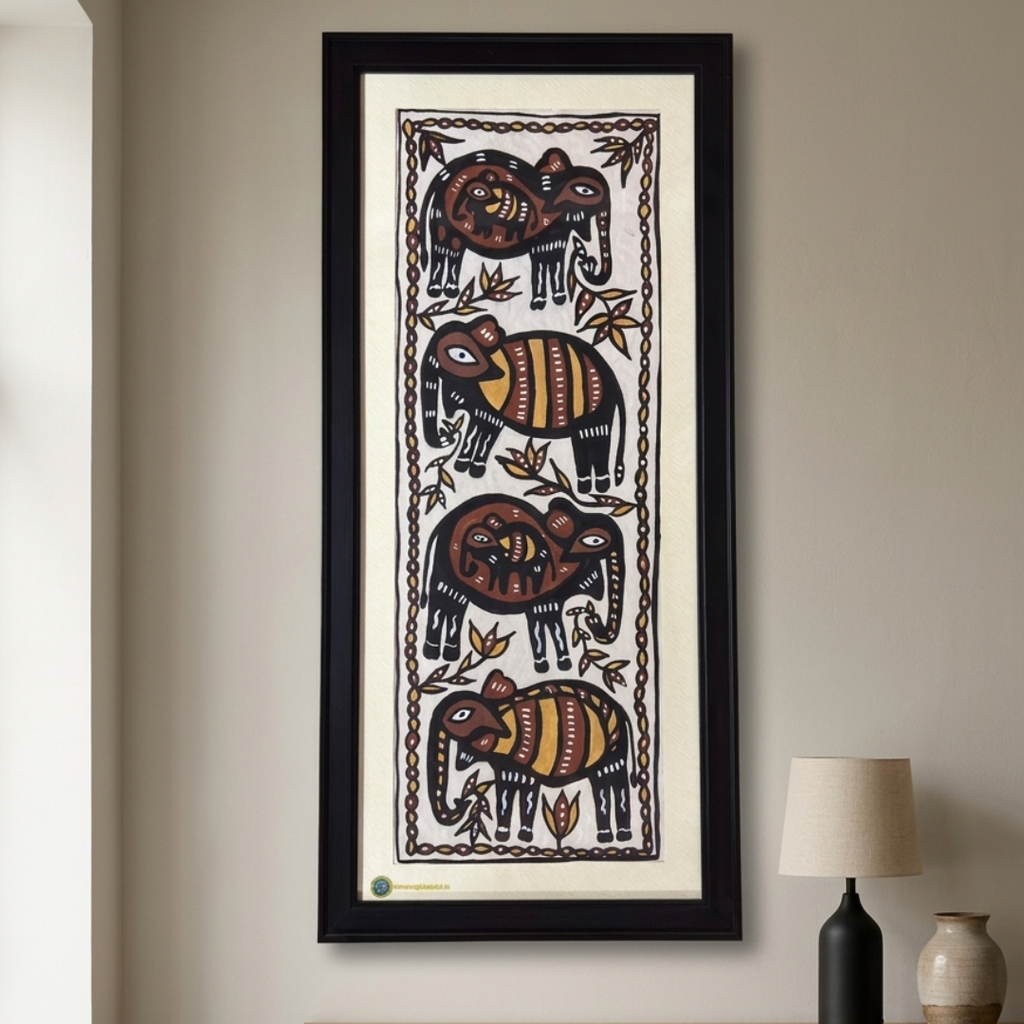 Handmade Sohrai Painting: Four Elephants | Traditional Tribal Wall Art (Size: 16x35 Inches)