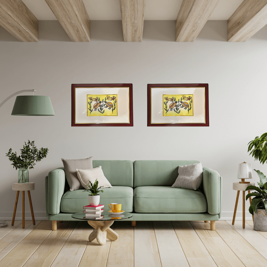 Handmade Sohrai Painting: Two Turtles (Size: 12x18 Inches)