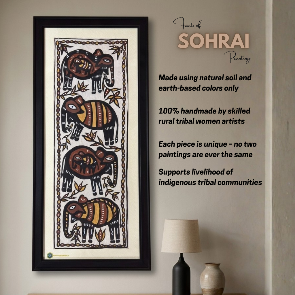 Handmade Sohrai Painting: Four Elephants | Traditional Tribal Wall Art (Size: 16x35 Inches)