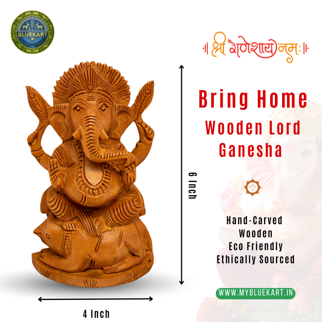 🕉️ Hand-Carved Wooden Lord Ganesha Idol – Traditional Indian Décor (Size: 4x6 Inches)