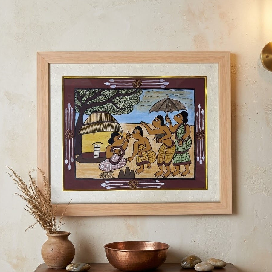 Handmade Paitkar Painting: Village Life (Size: 19x16 Inch)