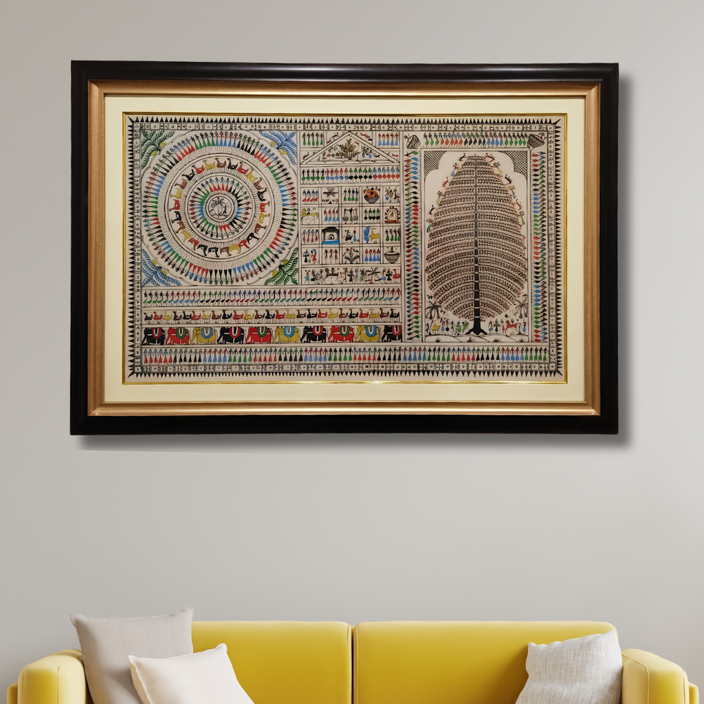 Saura Tree of Life Tribal Art on Tussar Silk – Handcrafted Odisha Painting | Size: 26x38 Inch