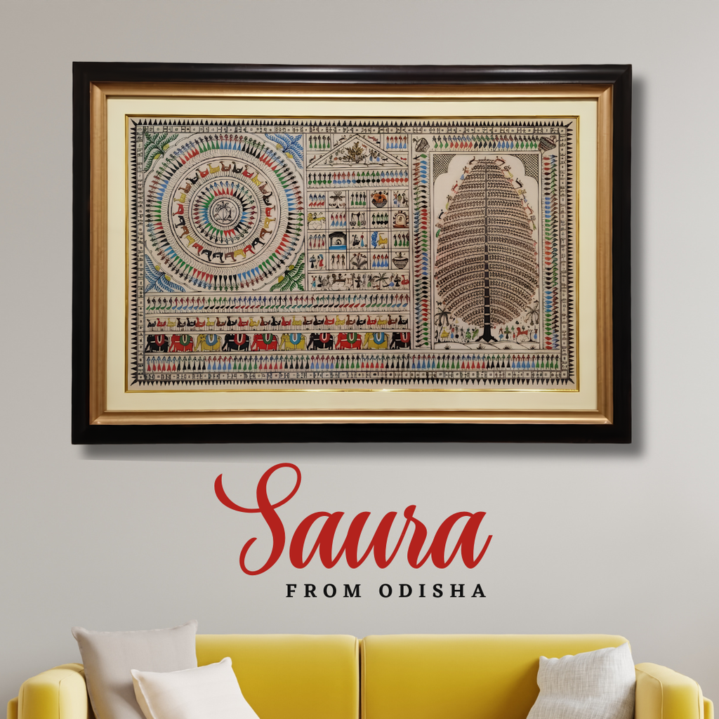 Saura Tree of Life Tribal Art on Tussar Silk – Handcrafted Odisha Painting | Size: 26x38 Inch