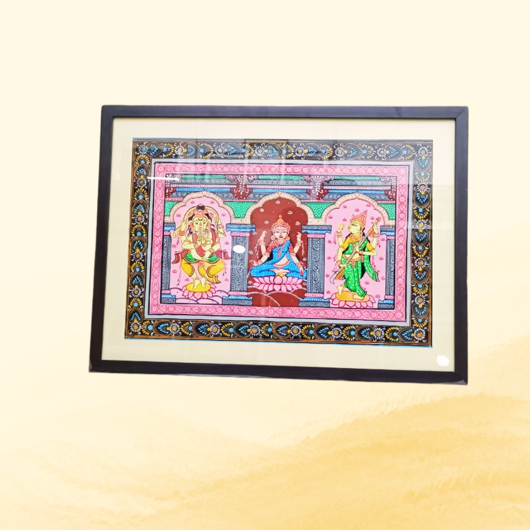 Handmade Pattachitra: Laxmi Ganesh Saraswati (22.5 x 16.5 Inch)