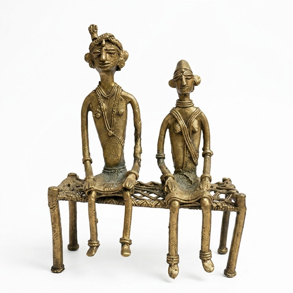 Tribal Couple Sitting on Cot – Handmade Bastar Dokra Art (Size: L 4.4 x B 2 x H 6.5 Inch)