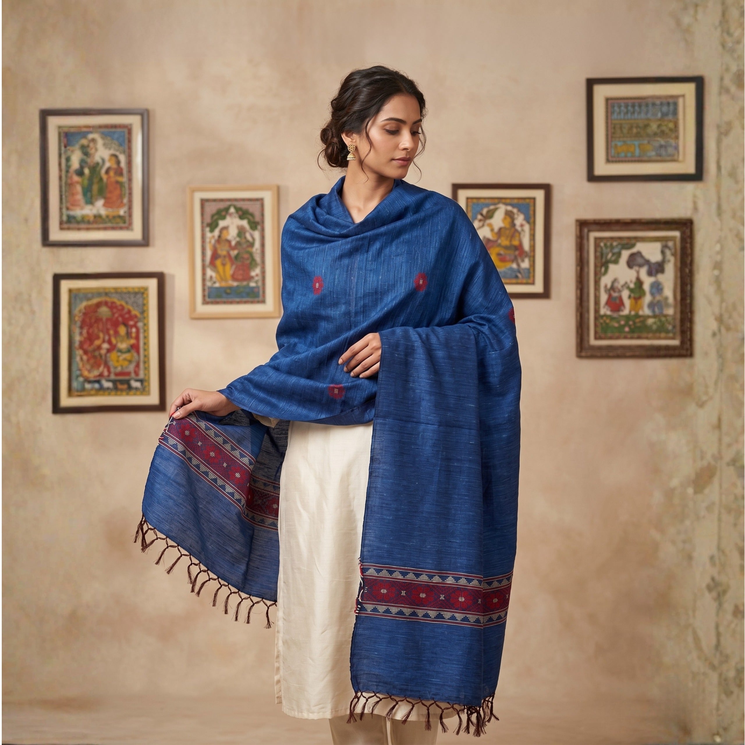 Handcrafted Royal Blue Tussar Silk Shawl