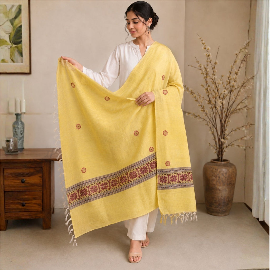 Handcrafted Royal Light Yellow Tussar Silk Shawl