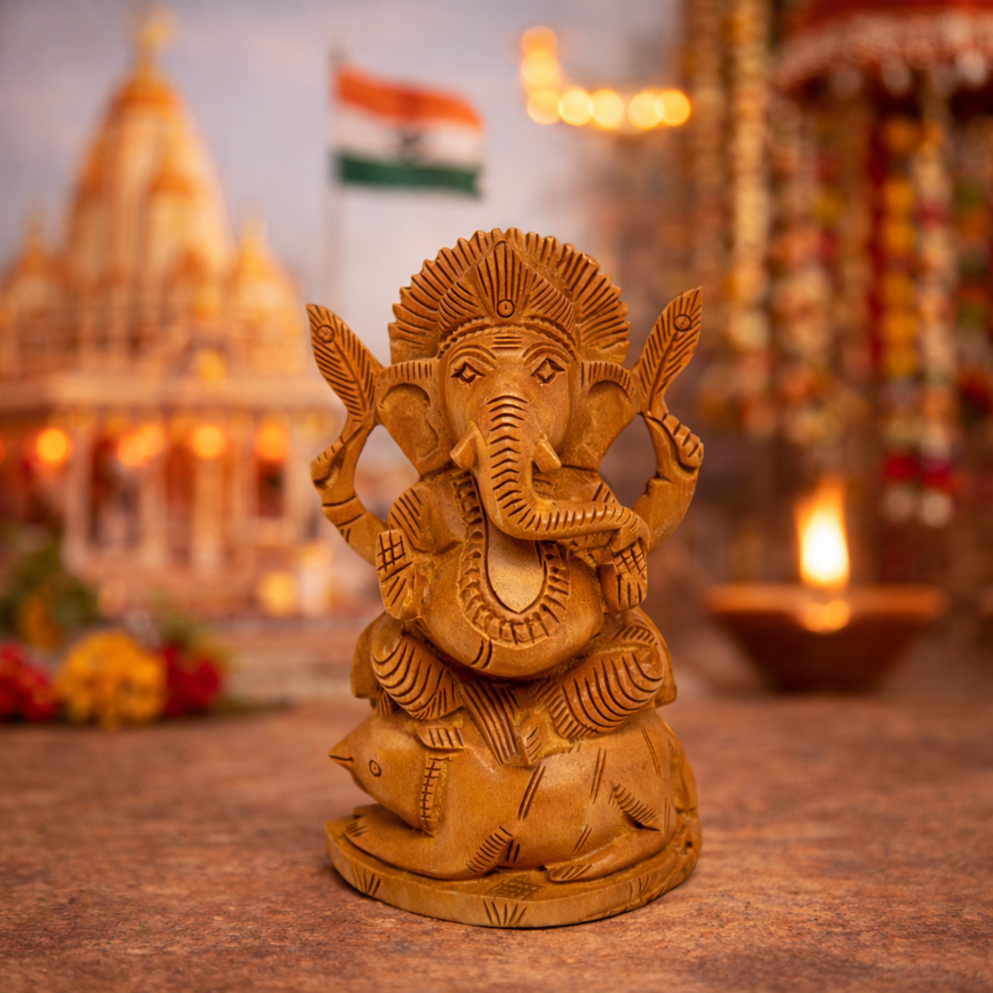 🕉️ Hand-Carved Wooden Lord Ganesha Idol – Traditional Indian Décor (Size: 4x6 Inches)