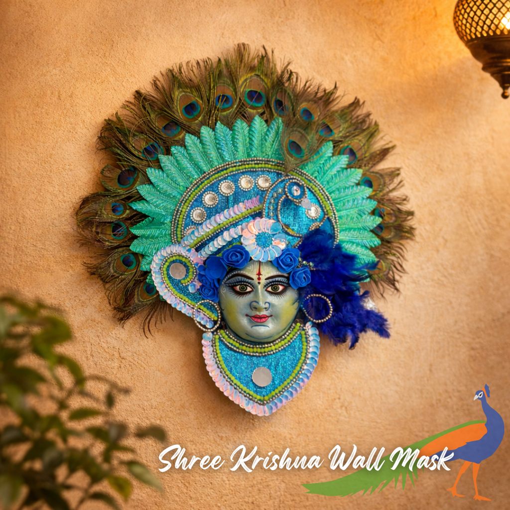 Handcrafted Lord Krishna Wall Mask – Peacock Elegance ✨🦚