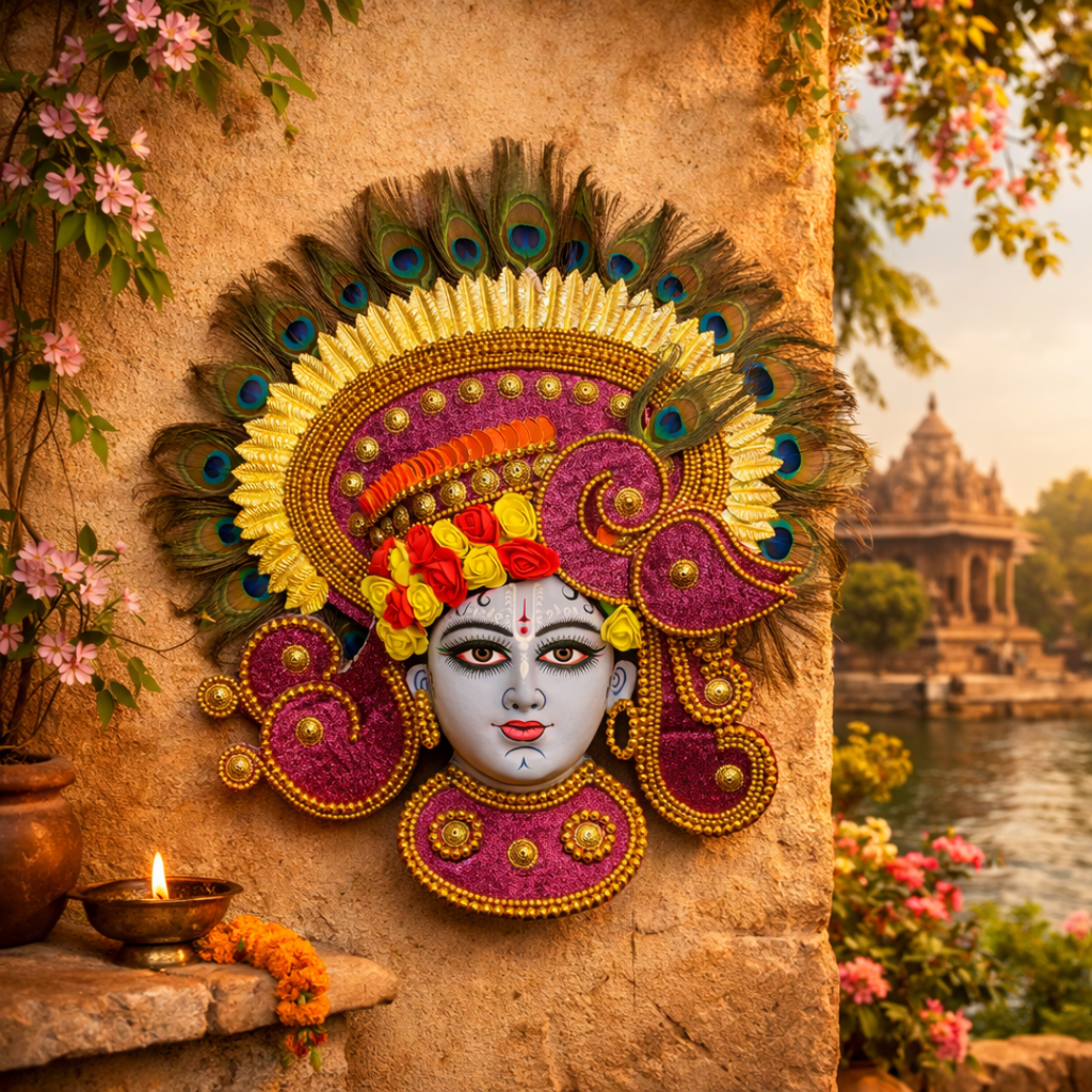 Handcrafted Shree Krishna Wall Mask – Vrindavan-Inspired Divine Art 🌸✨