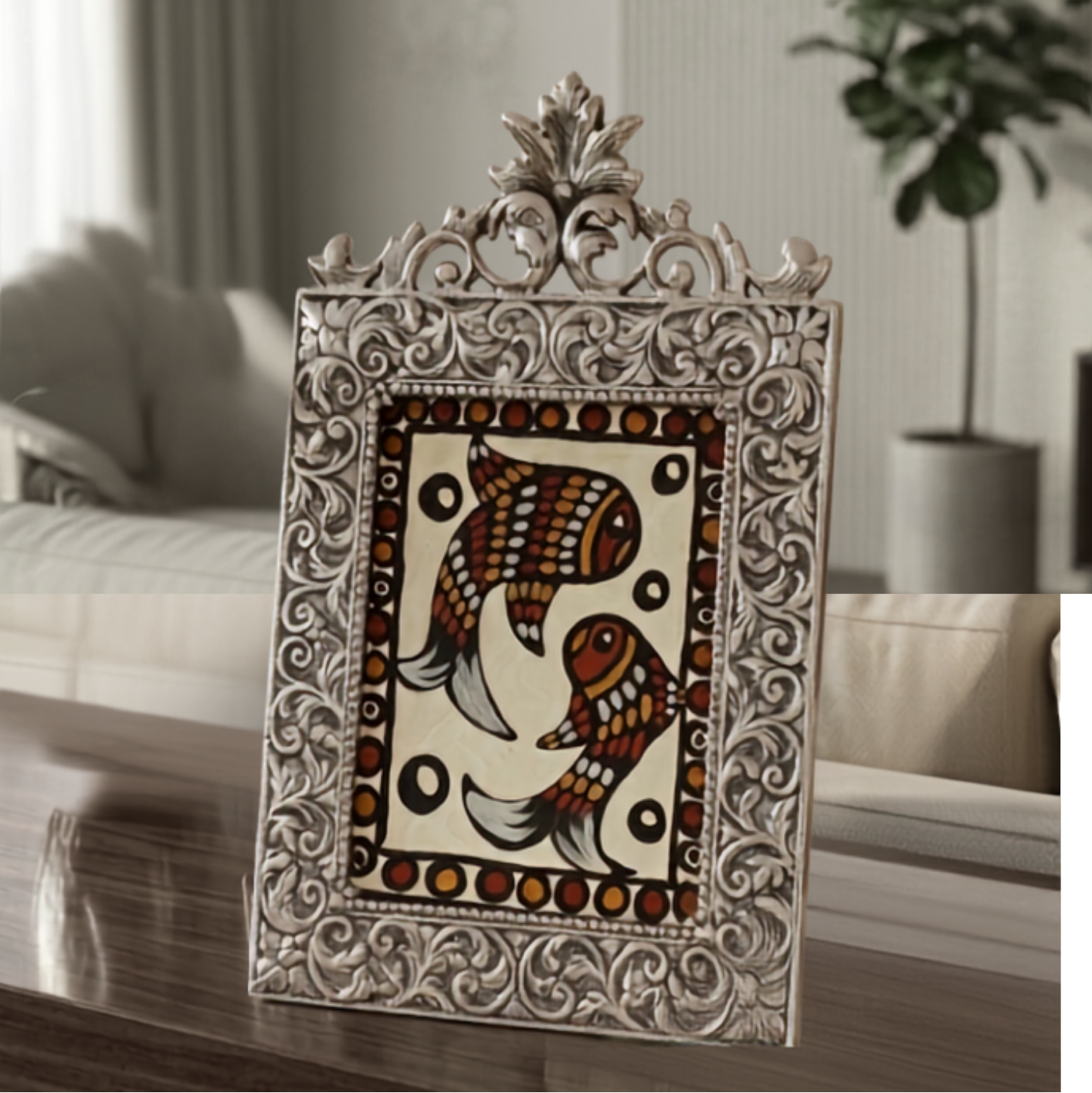 The Couple Fish: German Silver Framed Sohrai Painting (8.5 x 13 Inch)