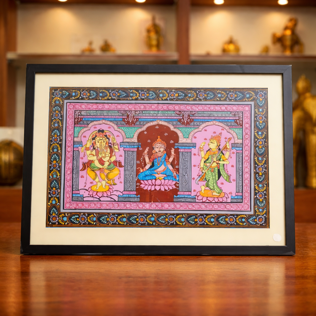 Handmade Pattachitra: Laxmi Ganesh Saraswati (22.5 x 16.5 Inch)