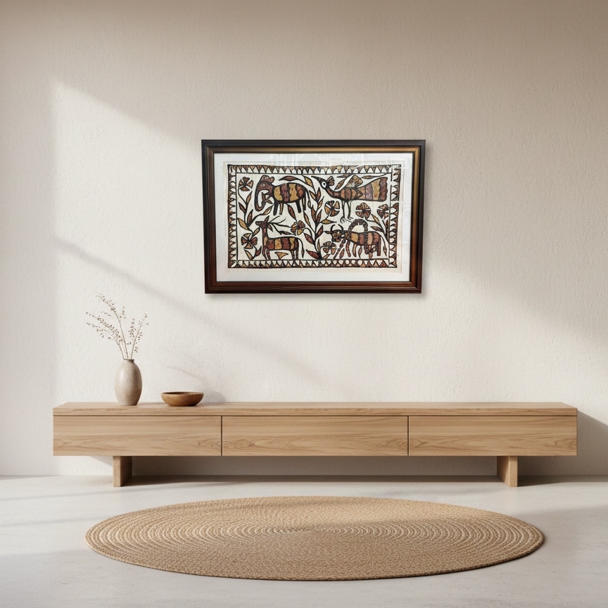 Handmade Sohrai Painting: Elephant, Deer, and Peacock(Size: 34x23 Inches)