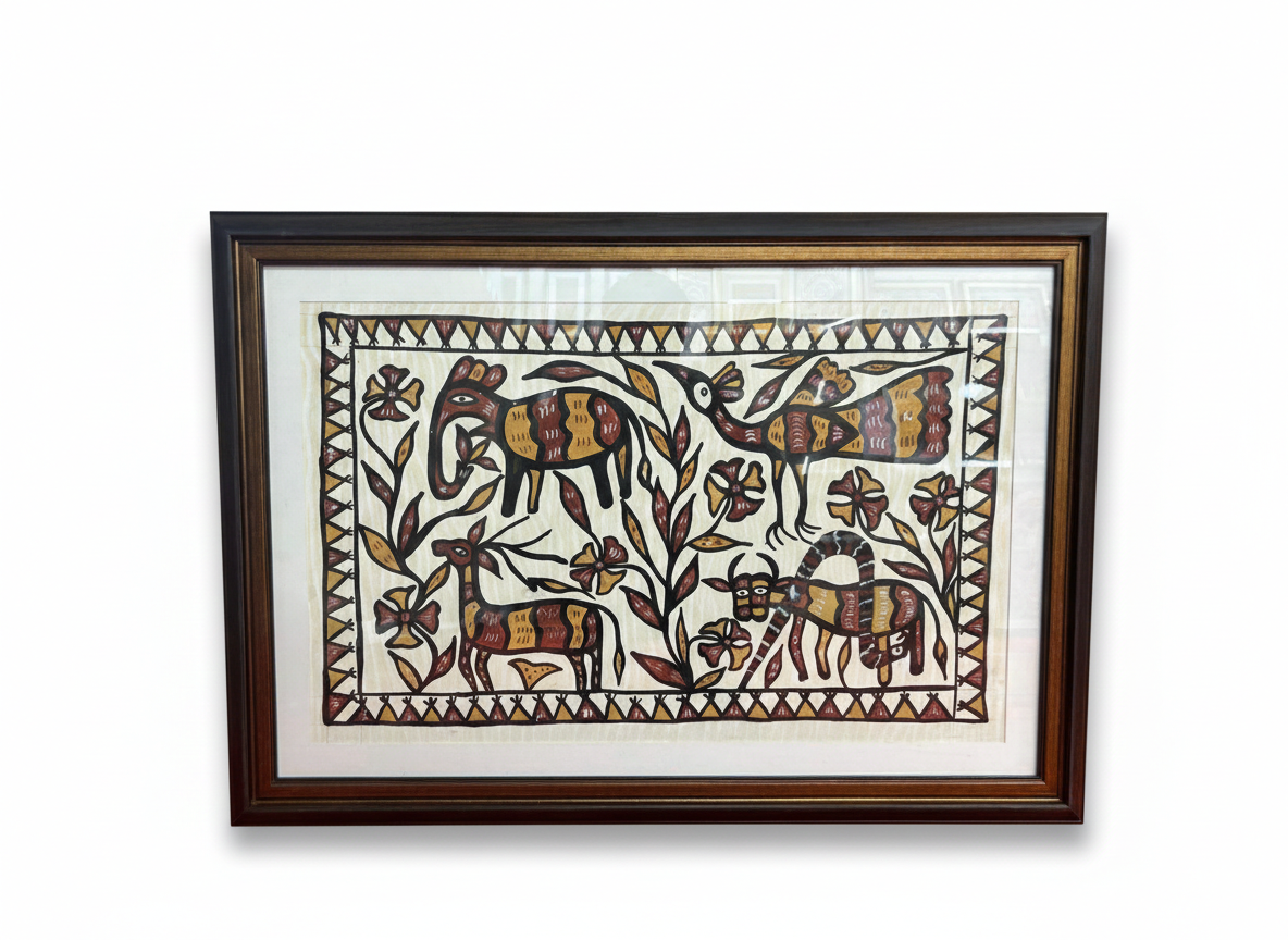 Handmade Sohrai Painting: Elephant, Deer, and Peacock(Size: 34x23 Inches)