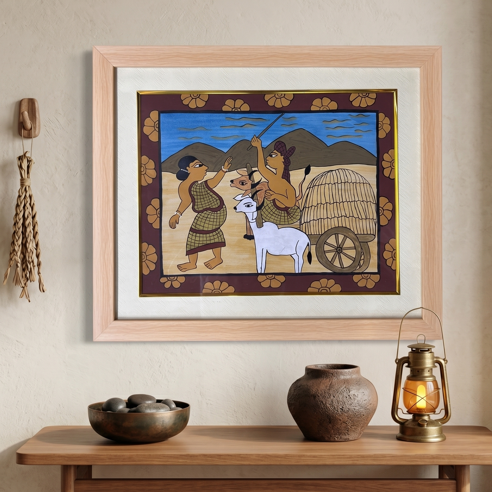 Handmade Paitkar Painting: Tribal Couple and Bullock Cart (Size: 19x16 Inch)