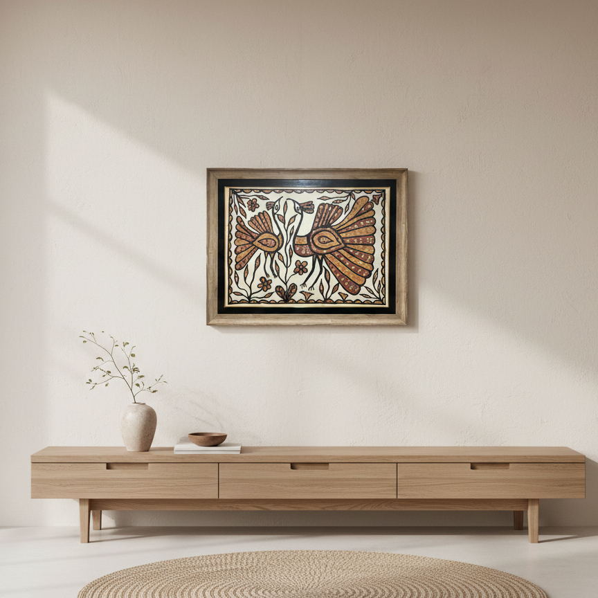 Handmade Sohrai Painting:Two Peacock(Size: 36x27 Inches)