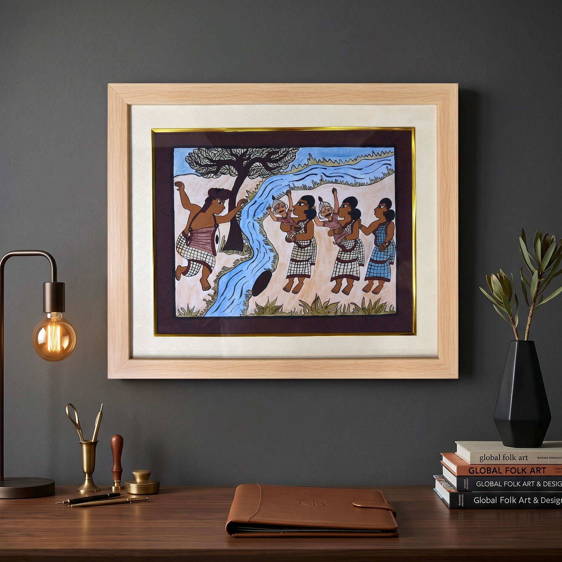 Handmade Paitkar Painting: Jal Dev Puja (Size: 19x16 Inch)
