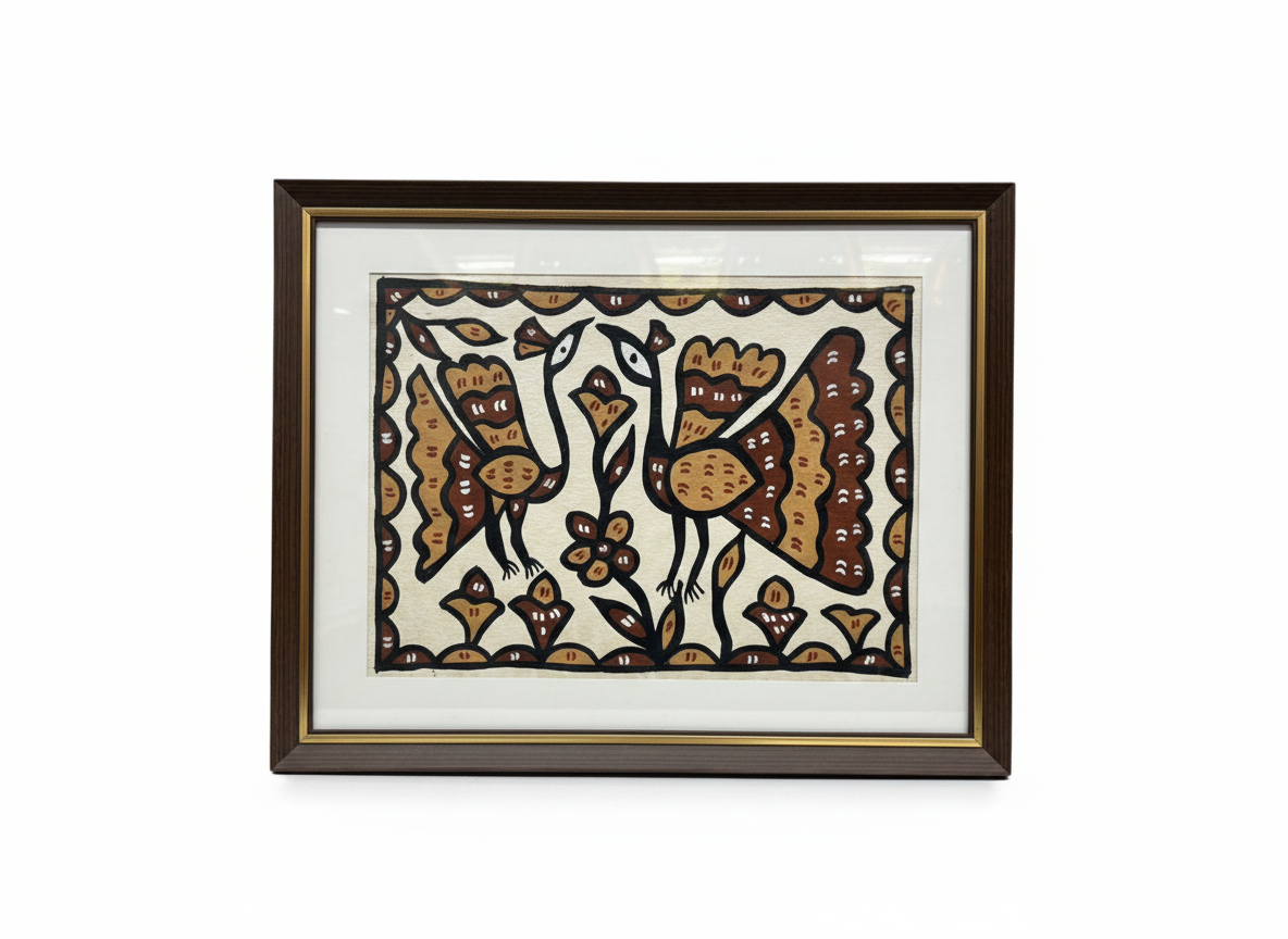 Handmade Sohrai Painting:Two Peacock(Size: 15x11 Inches)