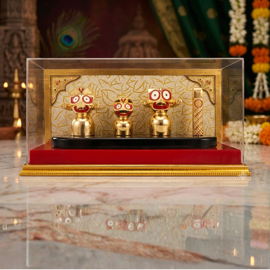 Gold Plated JBS Idol Set with Acrylic Display Case | Premium Decorative & Spiritual Gift | Size: 14.5x7.5 Inch