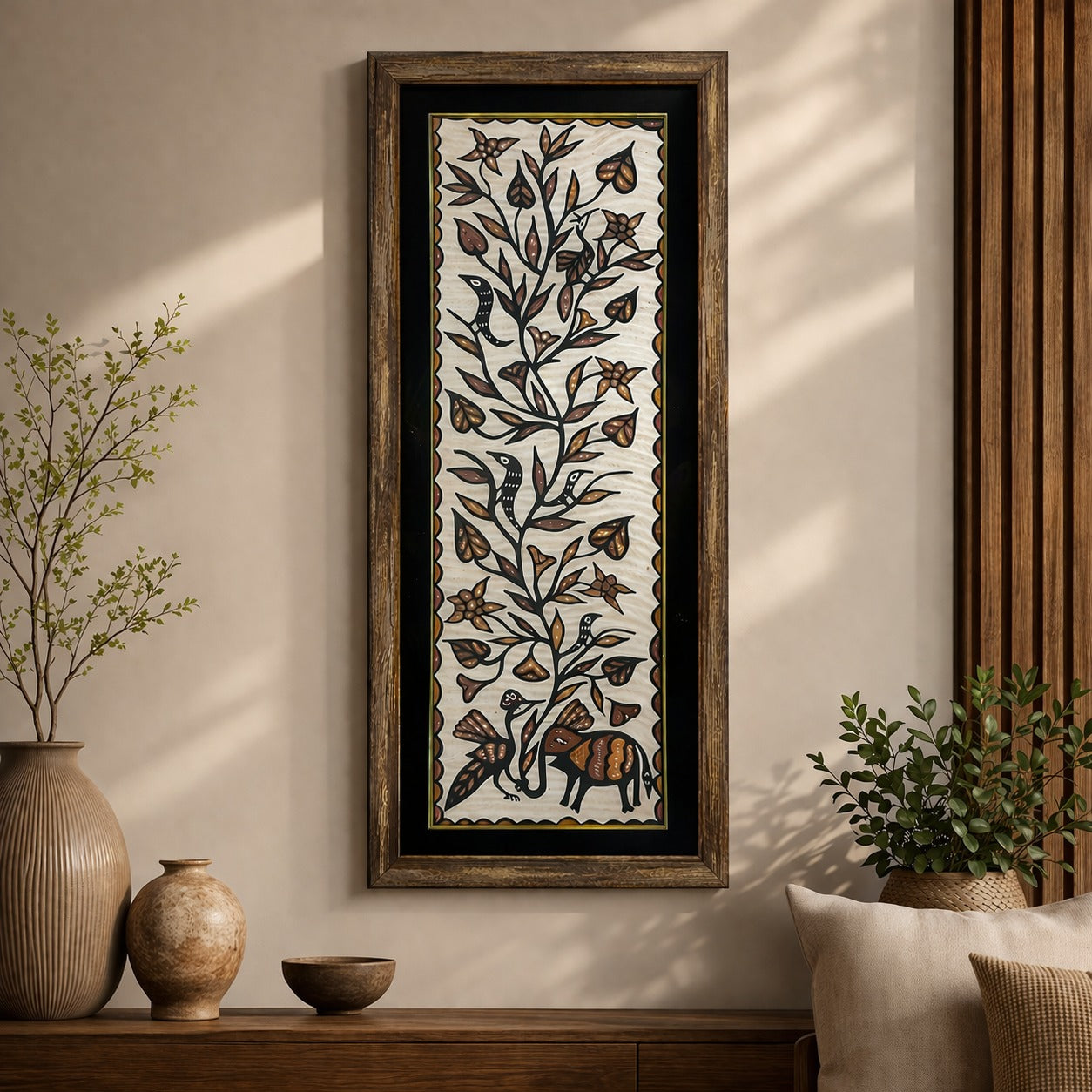 Handmade Sohrai Painting: Peacock and Elephant | Traditional Tribal Wall Art (Size: 17x41 Inches)