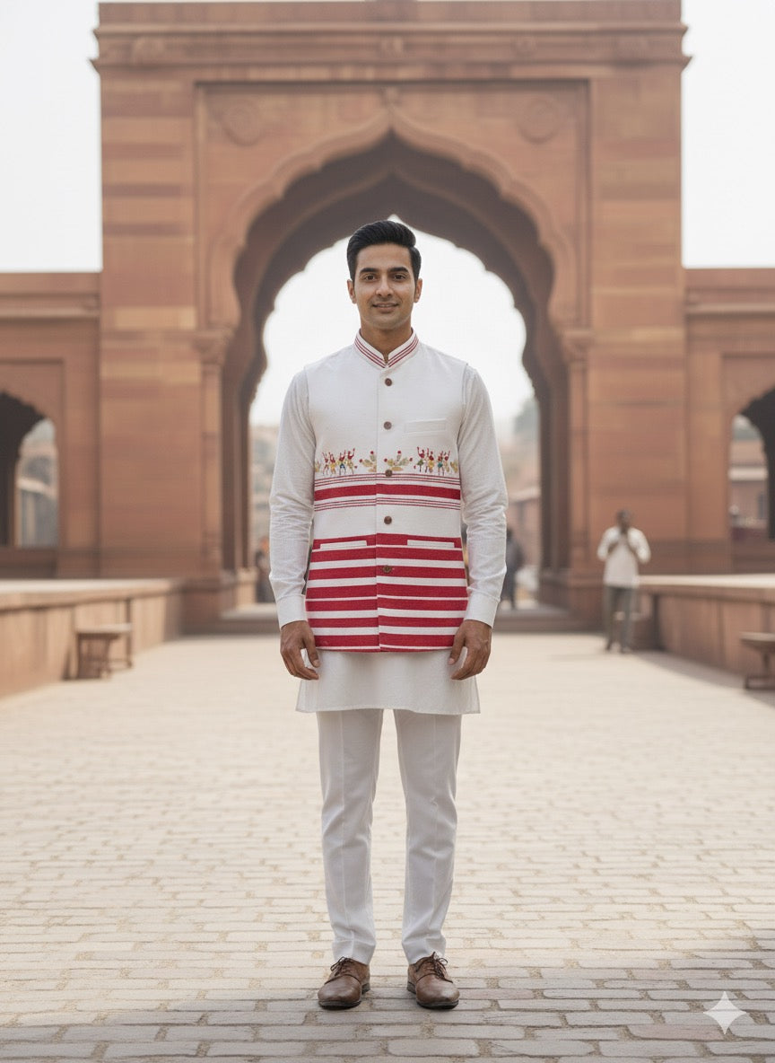 Tribal Legacy Jacket | Red and White | Half Sleeve | Premium Quality Cotton Jacket