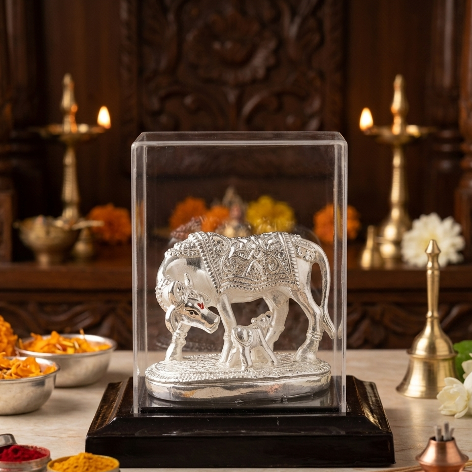 Silver Plated Kamdhenu Cow Idol Size: 4.5x3.5x4.5 Inch