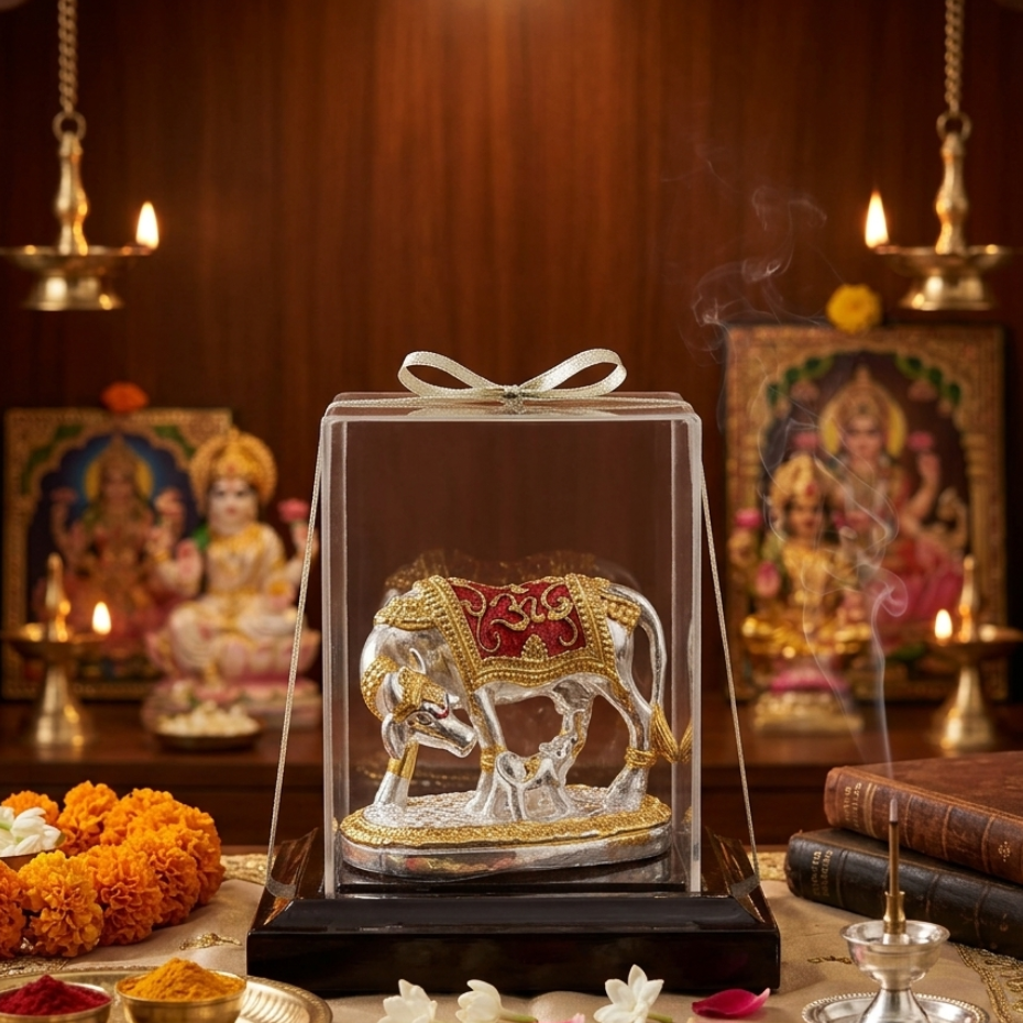 Gold Accented Silver Kamadhenu Idol | Size: 4.5x3.5x4.5 Inch
