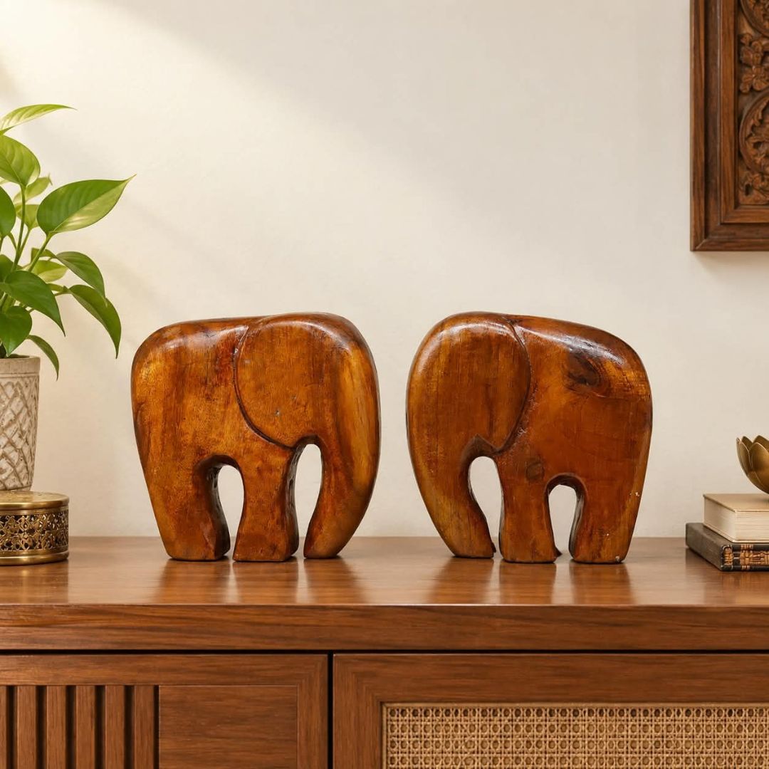Handcrafted Wooden Mammoth Showpiece | One Pair | (Size: 4x2x5.5 Inch)