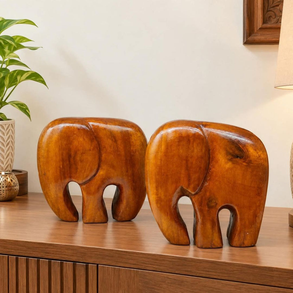 Handcrafted Wooden Mammoth Showpiece | One Pair | (Size: 4x2x5.5 Inch)