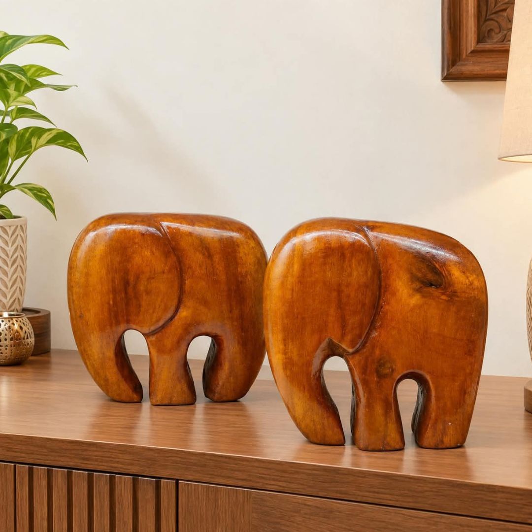 Handcrafted Wooden Mammoth Showpiece | One Pair | (Size: 4x2x5.5 Inch)