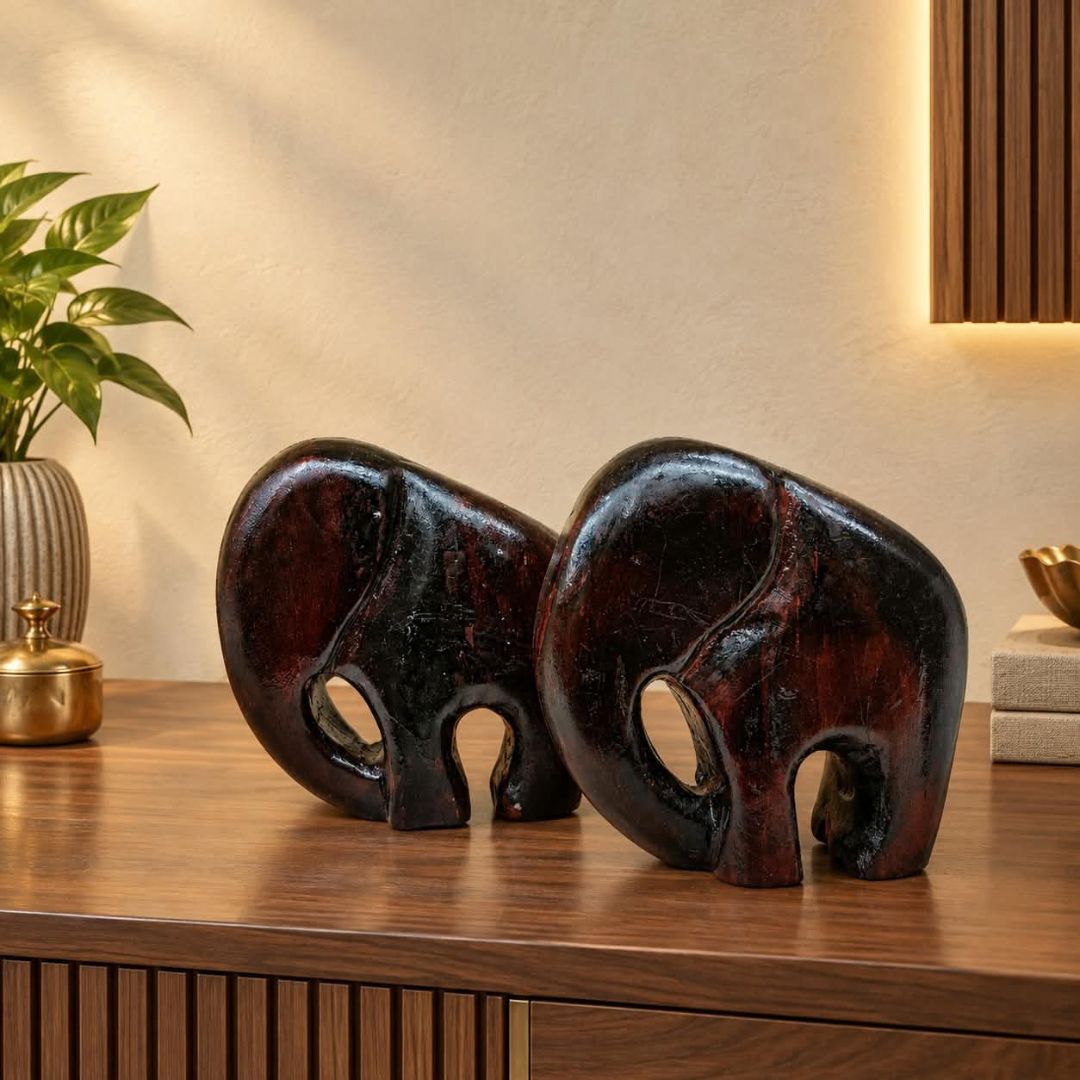 Handcrafted Wooden Mammoth Showpiece | One Pair | (Size: 4x2x5.5 Inch)