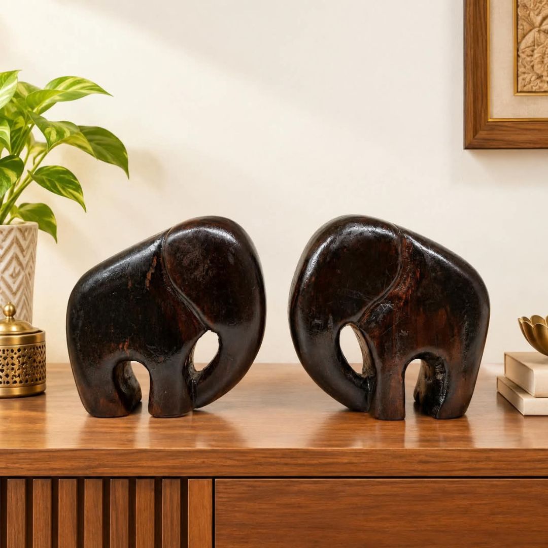 Handcrafted Wooden Mammoth Showpiece | One Pair | (Size: 4x2x5.5 Inch)