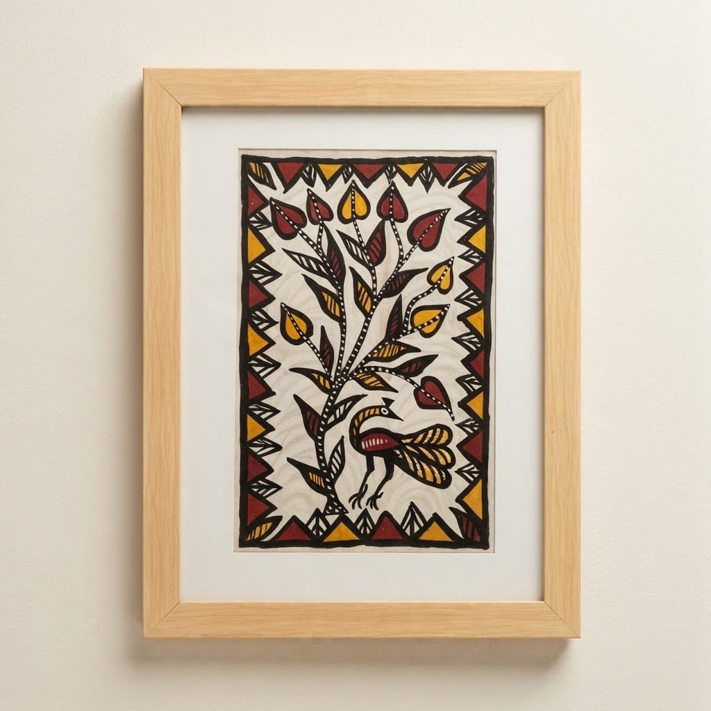 Peacock In The Jungle | Authentic Handmade Sohrai Painting (12 × 16 Inches)