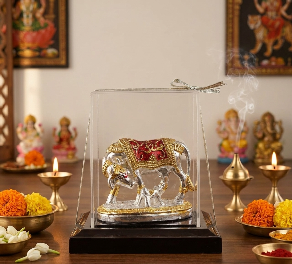 Gold Accented Silver Kamadhenu Idol | Size: 4.5x3.5x4.5 Inch