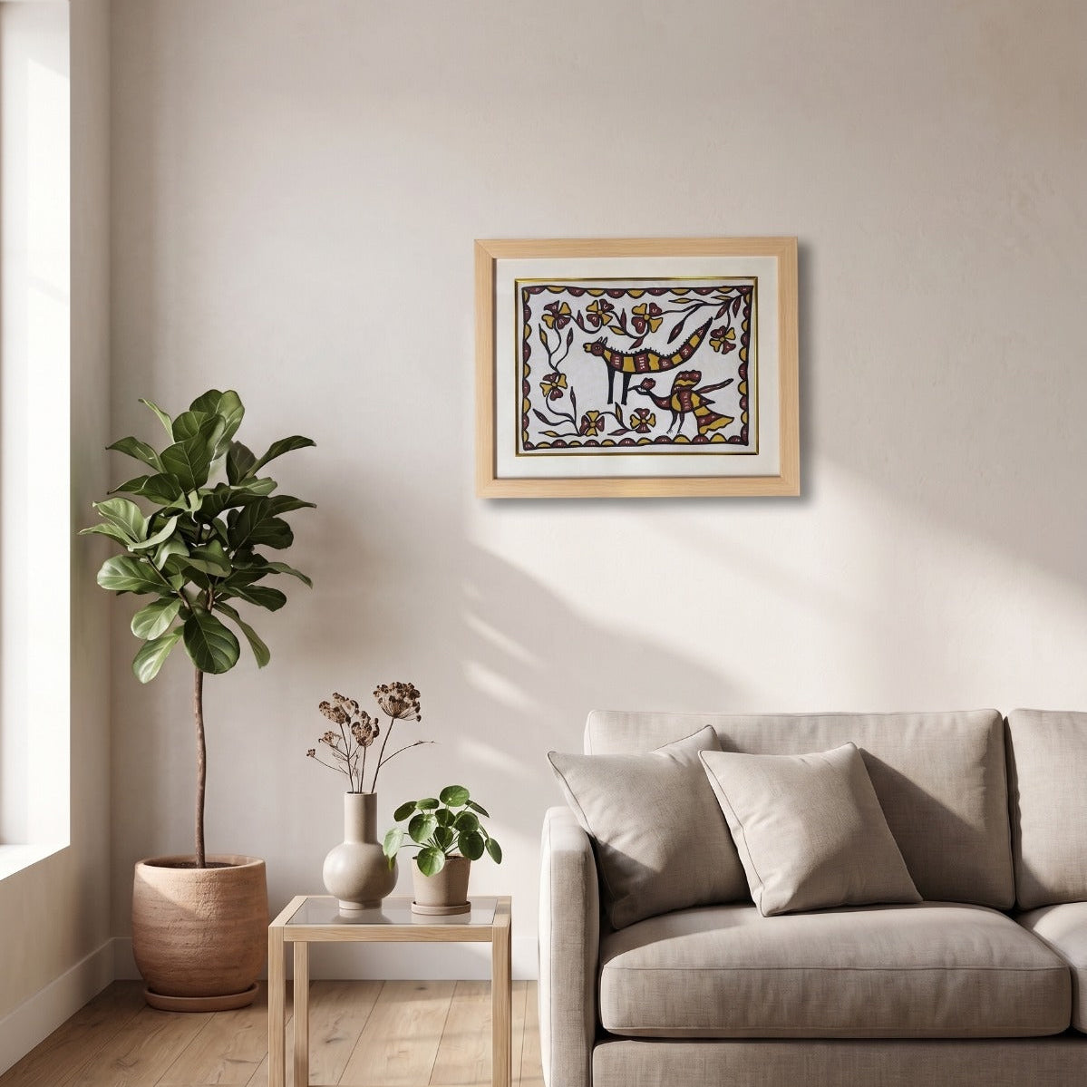 Handmade Sohrai Painting: Animals In The Jungle (Size: 15x19 Inches)