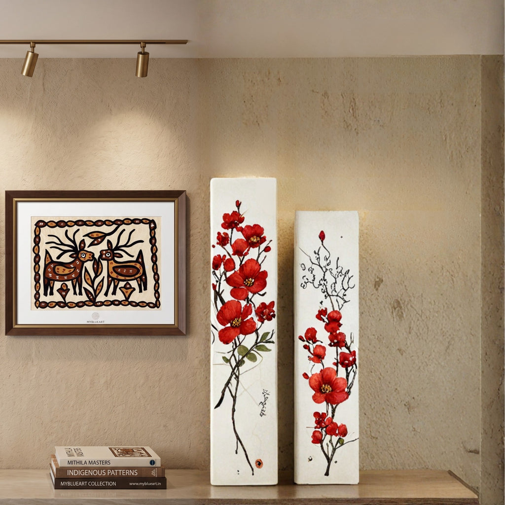 Handmade Sohrai Painting: Couple Deer (Size: 15x19 Inches)