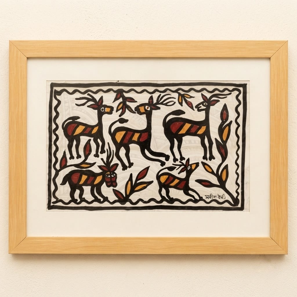 Deer in the Jungle | Authentic Handmade Sohrai Painting (16 × 12 Inches)