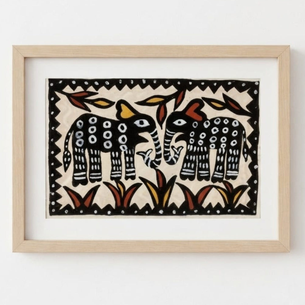 Couple Elephant | Authentic Handmade Sohrai Painting (16 × 12 Inches)