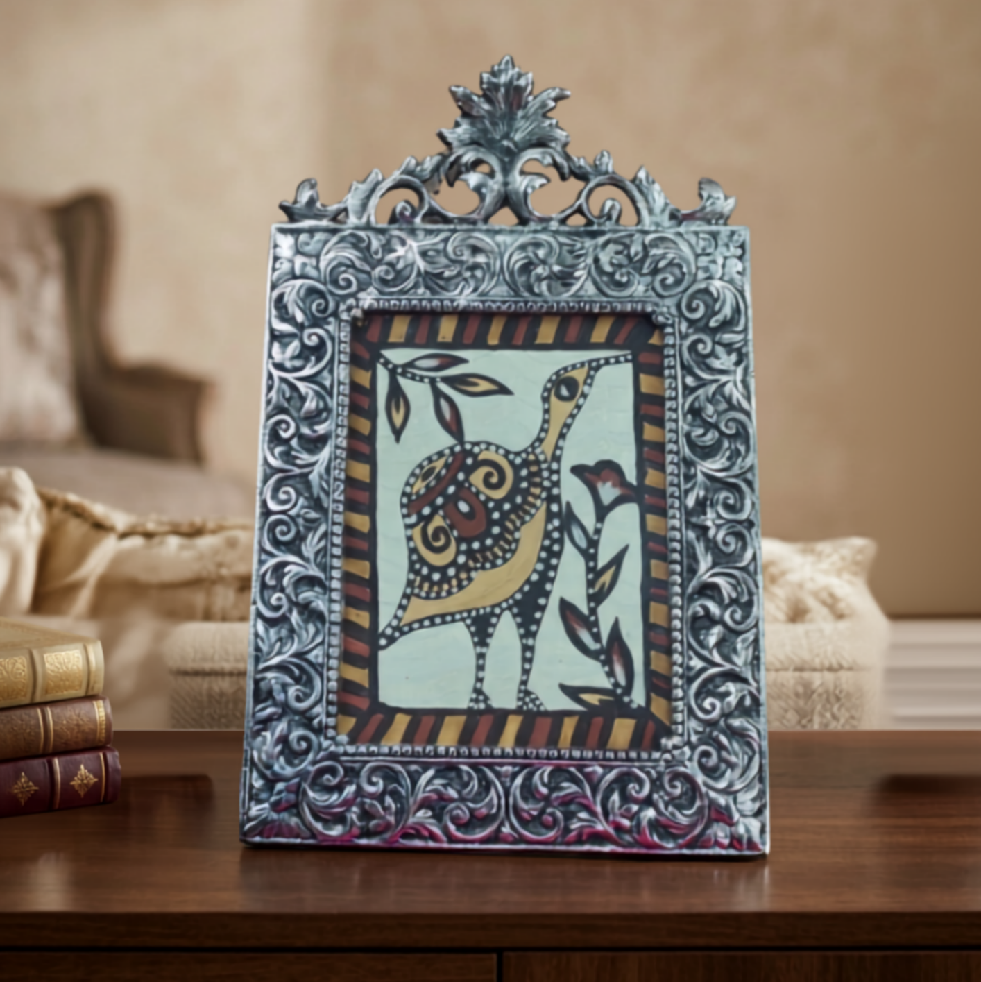 The Bird: German Silver Framed Sohrai Painting (8.5 x 13 Inch)