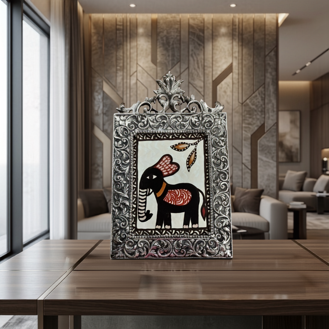 The Elephant: German Silver Framed Sohrai Painting (8.5 x 13 Inch)
