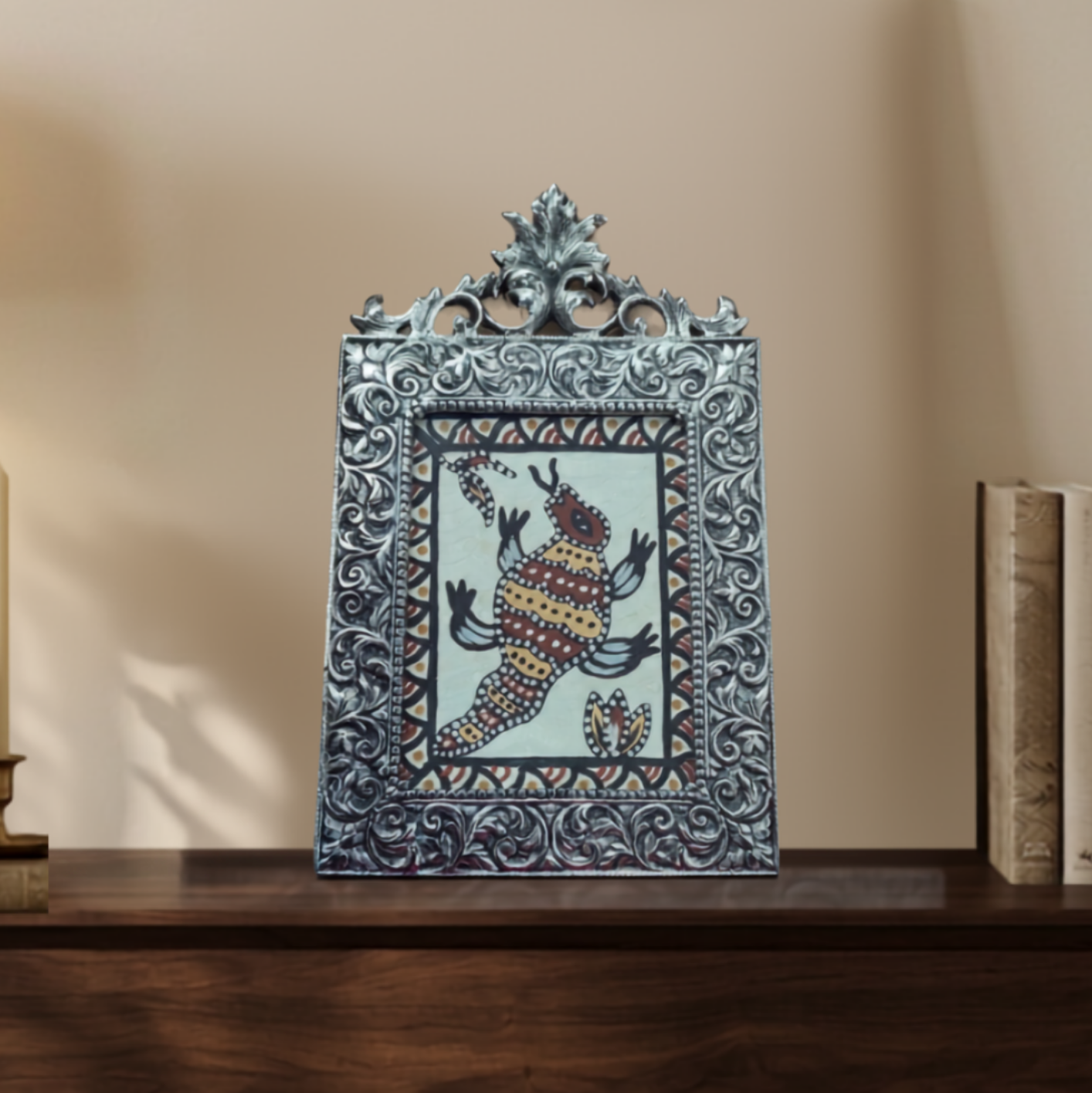 The Lizard: German Silver Framed Sohrai Painting (8.5 x 13 Inch)